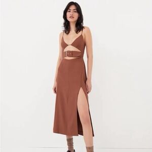 For Love & Lemons ‘Natasha’ Brown Midi Dress with cutout and slit
